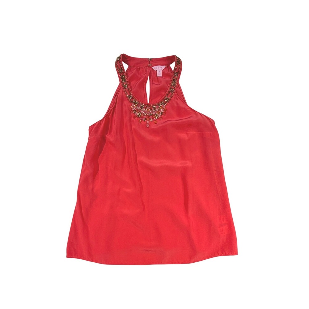 Lilly Pulitzer Corsica Beaded Sleeveless Silk Top Pink‎ Tomato Small